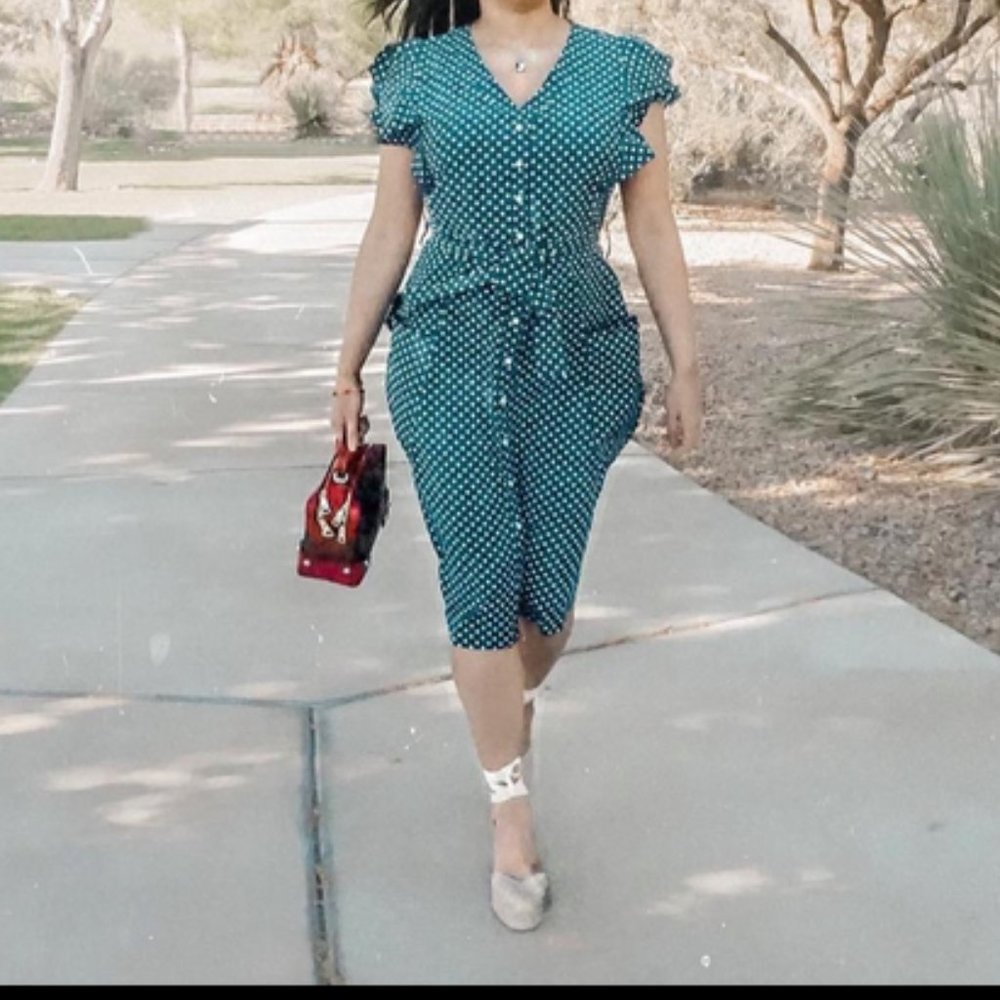 Polka Dot Flutter Sleeve Buttoned Midi Dress w/ Pockets in Teal Sz XL